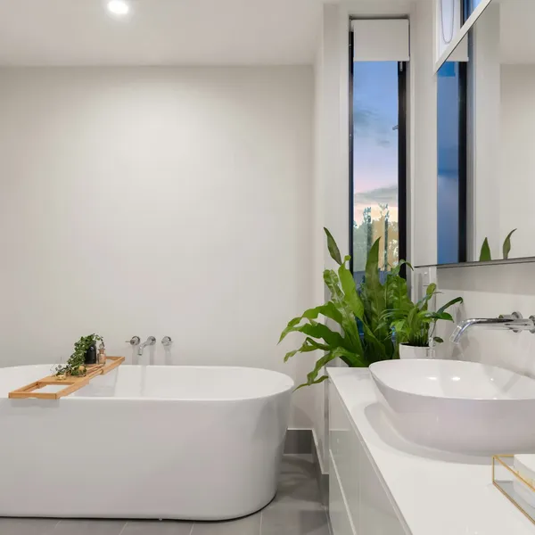 Freestanding bath with potted plants alongside it
