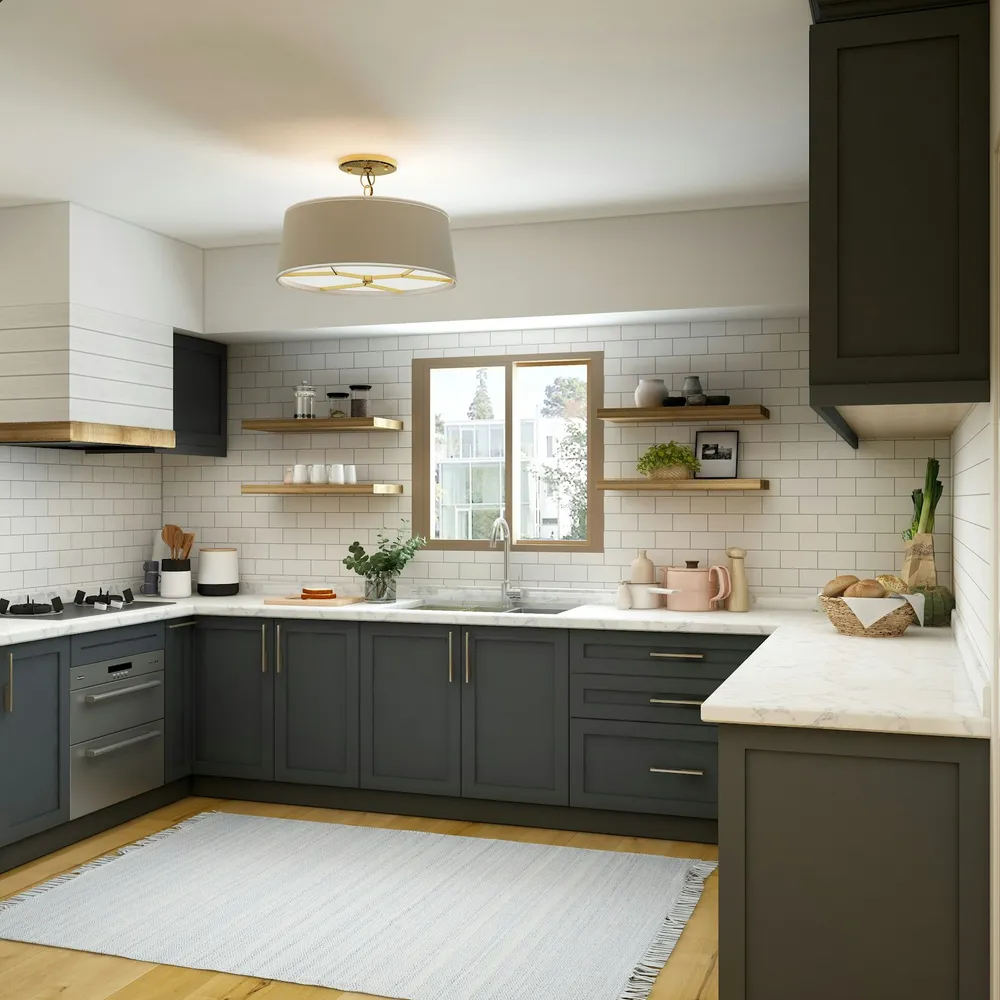 Kitchen with white metro tiles, dark green cabinets, open shelving and a pendant light