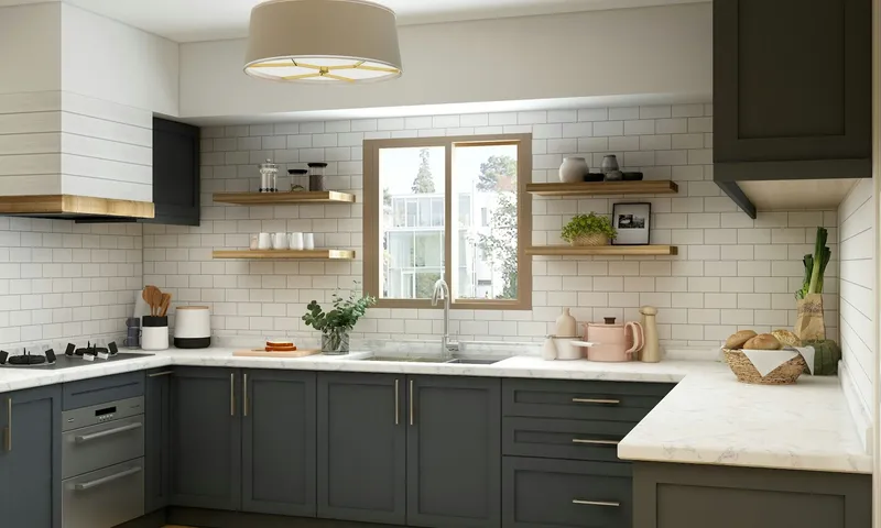 Kitchen with white metro tiles, dark green cabinets, open shelving and a pendant light