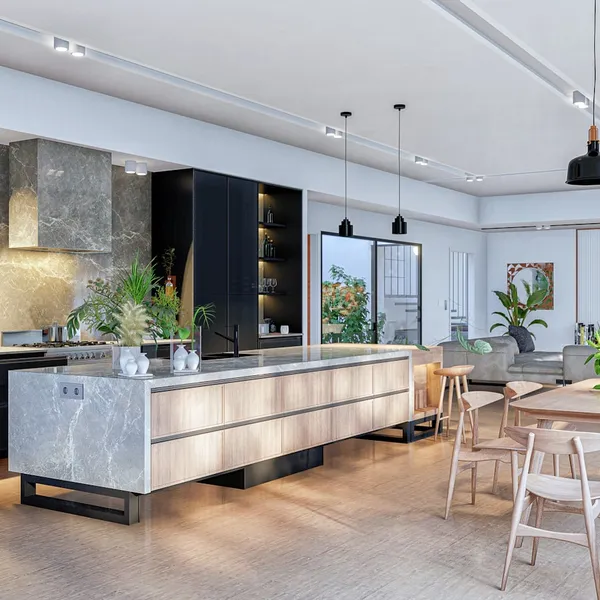 Open-plan kitchen with a large island and bar stools